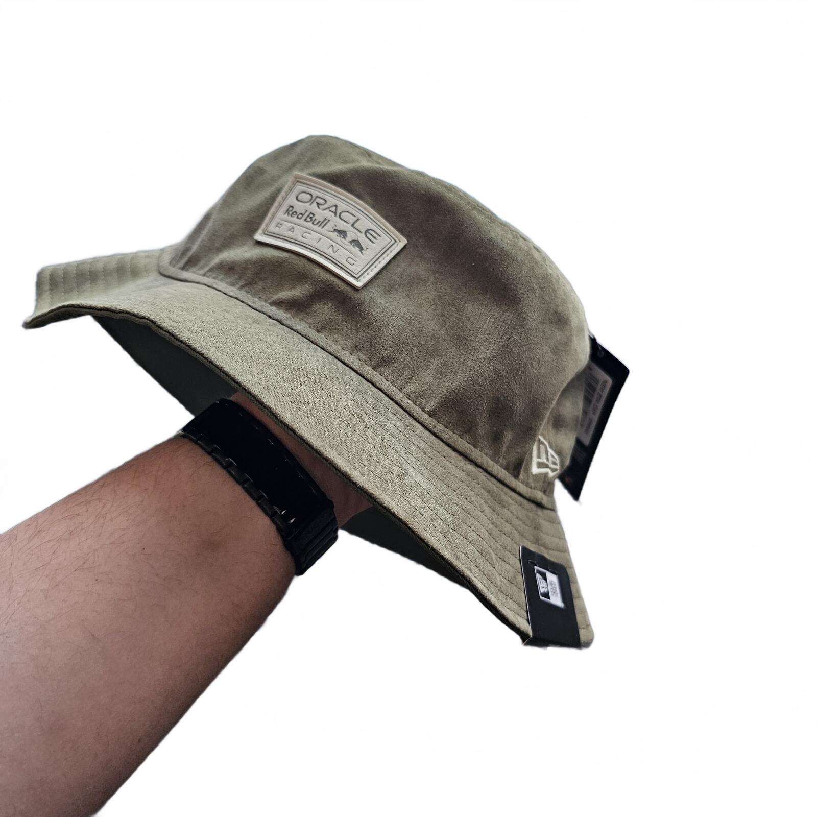 New Era Red Bull Racing F1 Suede Tapered Bucket Hat – Olive Green – Large – Nwt