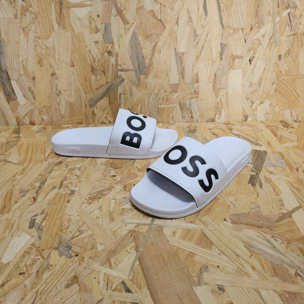 BOSS Aryeh Mens Comfy Slider Sandals with Logo White Size UK 7 EU 41 *SB6