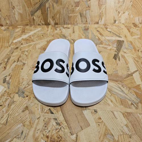 BOSS Aryeh Mens Comfy Slider Sandals with Logo White Size UK 7 EU 41 *SB6